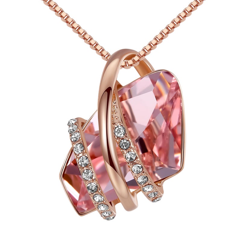Leafael Wish Stone Pendant Necklace with Vintage Pink Birthstone Crystal for October, 18K Rose Gold Plated, 18" + 2" Chain - Image 1